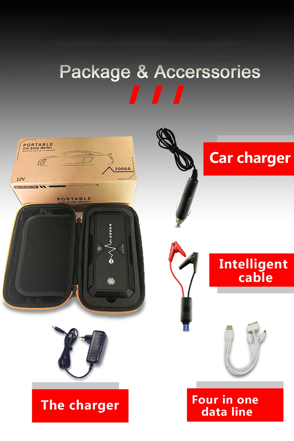 

2000A Car Truck Jump Starter 12V Power Bank USB Type-C Pretty Apearance 20000MAH Battery Power Bank 12V Auto 8L Gas& 6L Diesel
