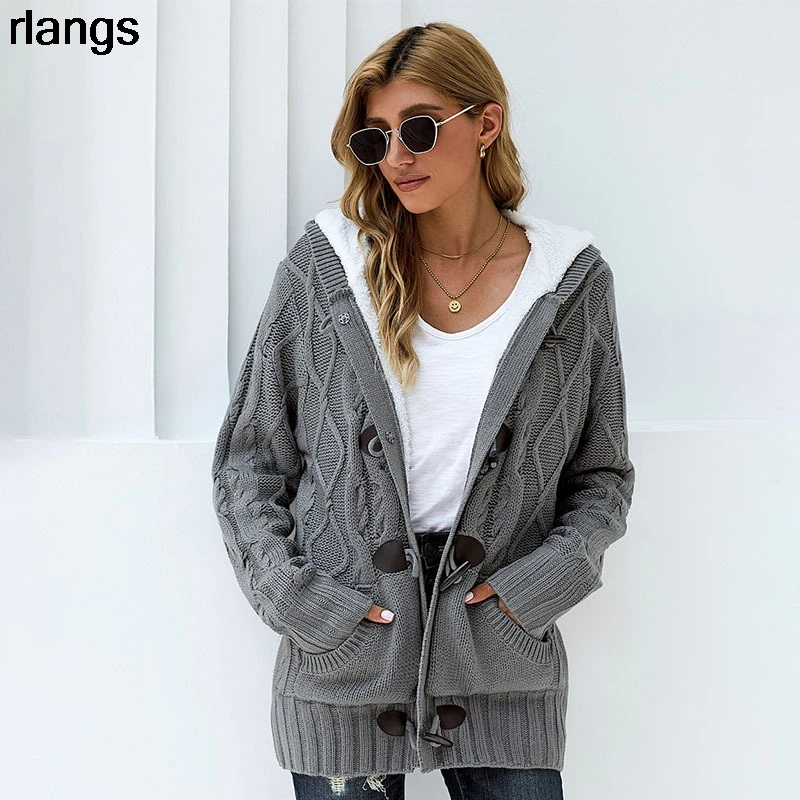 Shiying Sweater Women's Jacket Plus Velvet Warm Winter Long-Sleeved European And American Casual Hooded Ladies Sweater