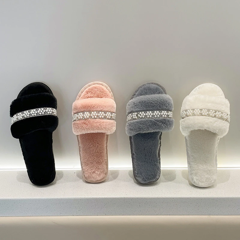 

Сланцы женские с круглым жемчугом, однотонные повседневные туфли на плоской подошве, модная обувь с мехом, большие размеры, осень