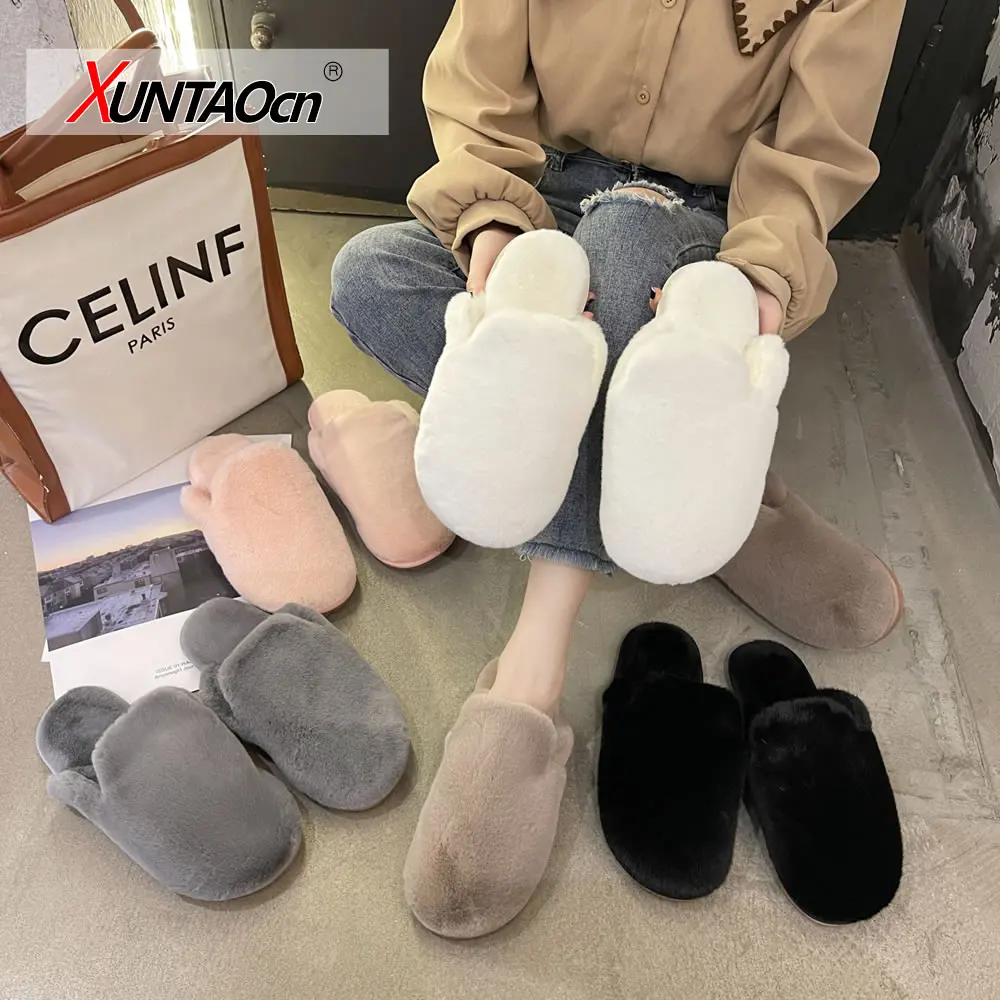 

Winter Woman Slipper Flock Fur Shoes Low Cover Toe Slides Pantofle Fashion Plush Massage 2021 Luxury Rome PU Basic Fabric Hoof