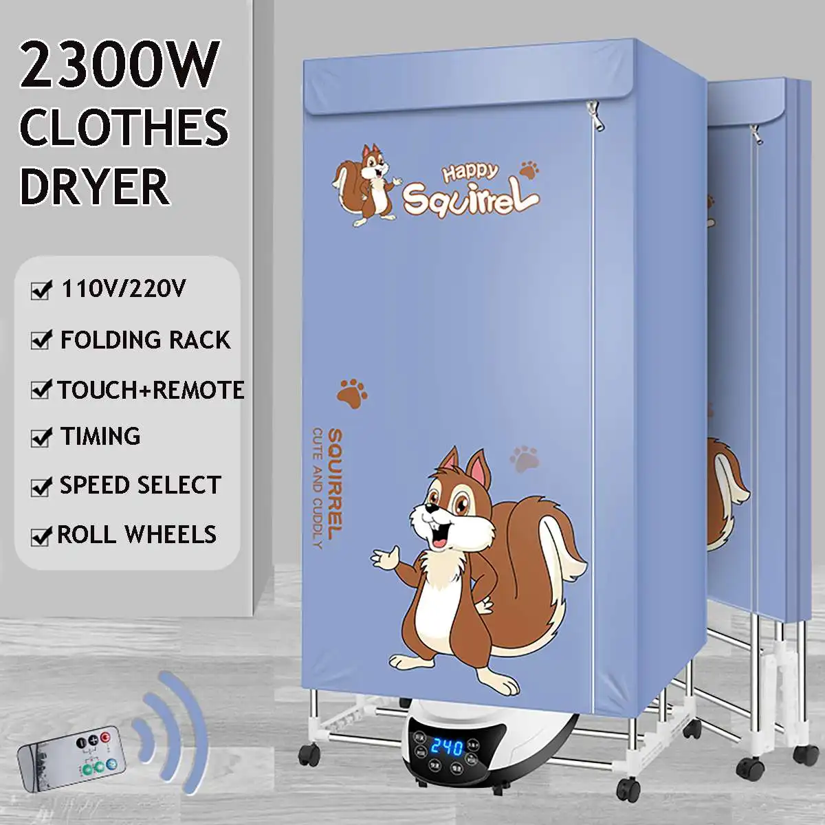 

Household LED Clothes Dryers Quick Drying Mute Clothes Dryer Wardrobe Portable Warm Air Clothes Dryer With Remote Control 2300W