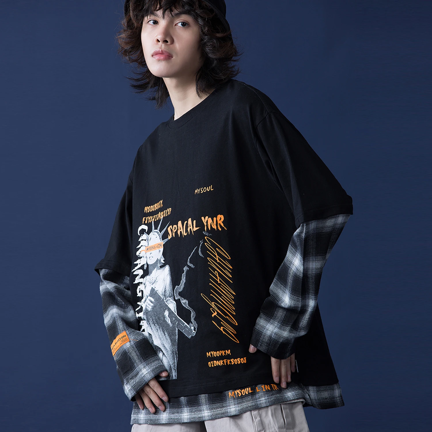 Модный клетчатый свитшот в стиле пэчворк с принтом богини свободы Свитшот хип