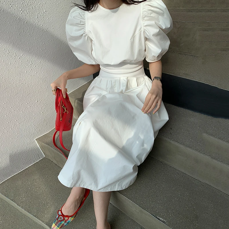 

French Style Women Dress 2020 Summer Chic Slim Waist Hidden Zipper Closed Puff Sleeve Dresses Vintage A Line Black White Elegant