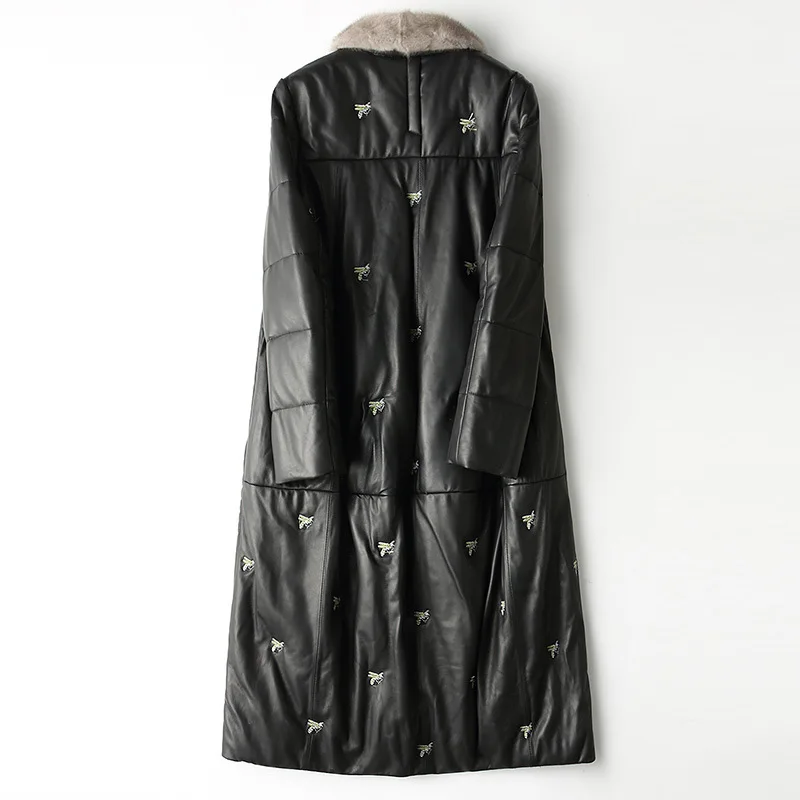 High Quality Black Printed Autumn Winter Mink Fur Collar Long Sheepskin Fur Down Coat SheepSkin White Duck Down Office Jacket