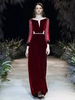 2022 new burgundy evening dresses long sleeves velour vintage tassel beading a line wedding party formal prom gowns elegant