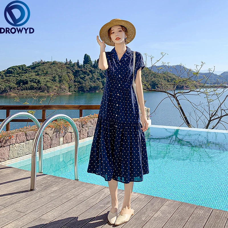 

Шифоновое винтажное платье в горошек, с высокой талией, отложным воротником и коротким рукавом, однобортное вечерние тное праздничное плат...