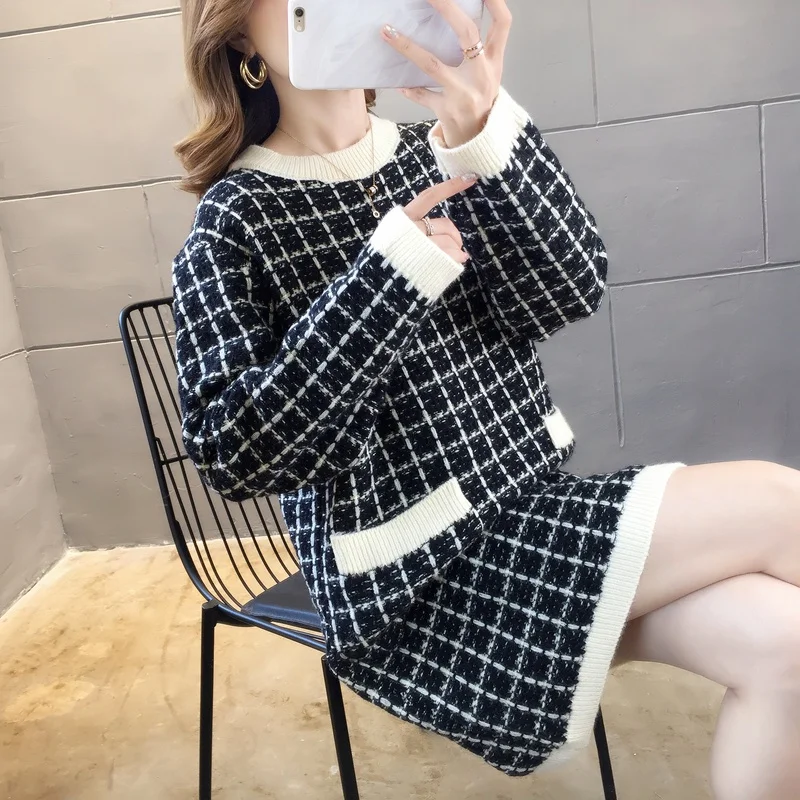 Женское винтажное трикотажное платье свитер в клетку пуловер Корейском стиле