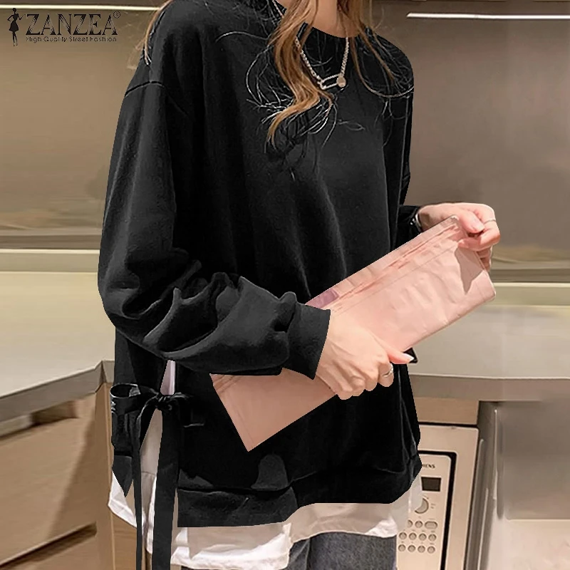 

ZANZEA Women's Autumn Sweatshirts Casual Long Sleeve Pullovers Femme O-Neck Bandage 2021 Fashion Solid Hoodies Female Clothing