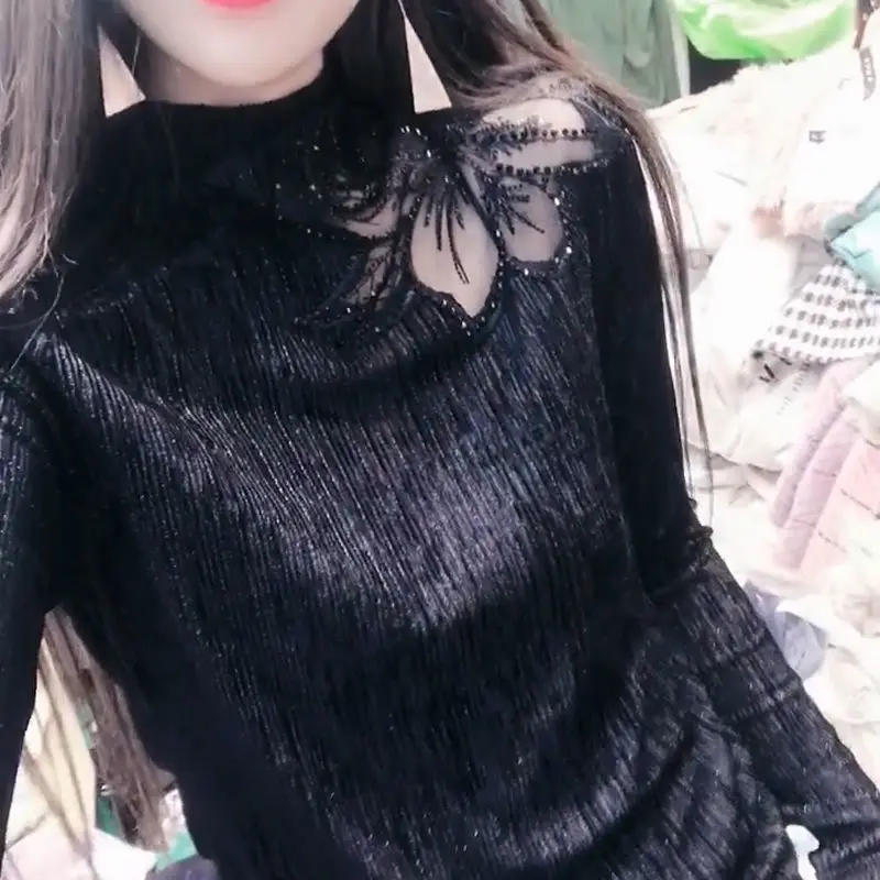 Женская блузка с длинным рукавом женский топ кружевные черные короткие рубашки