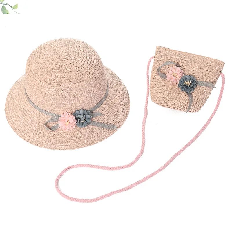

New children's straw hat bag set summer beach baby sun female fisherman one drop shipping