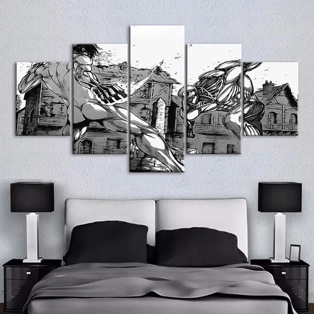

5 Pieces Wall Art Canvas Painting White Black Fight Anime Poster Modern Living Room Bedroom Home Decoration Modular Pictures