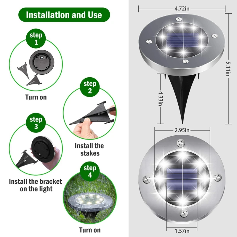 

8PCS Solar Lights Outdoor, 8LED Solar Ground Lights Waterproof for Path Yard Landscape Outdoor Garden Solar Light White-ABUX