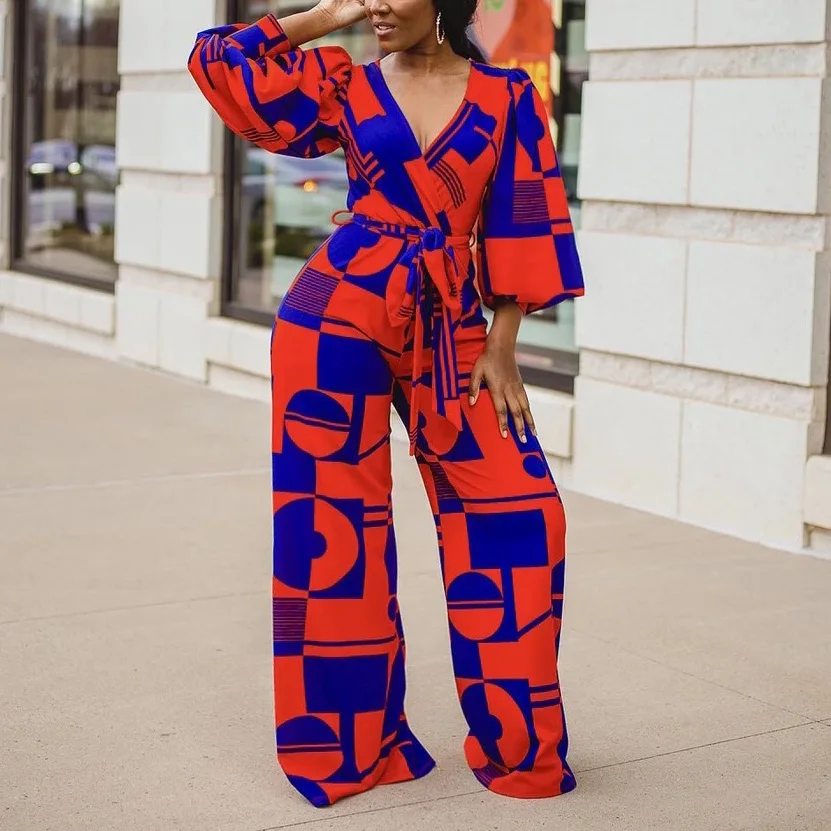 

Elegant Jumpsuit Women For Wedding Party Geometric Print Lantern Sleeve V Neck High Waisted Evening Night Dinner Rompers Clothes