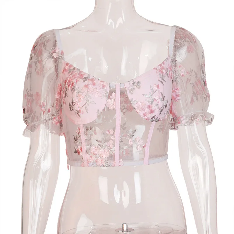 MONMOIRA сетчатый летний укороченный топ с цветочной вышивкой женская сексуальная