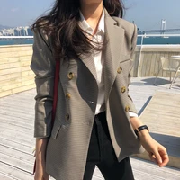 fashion vintage women classic plaid double breasted jacket blazer notched collar female suits coat office lady korean blaers new