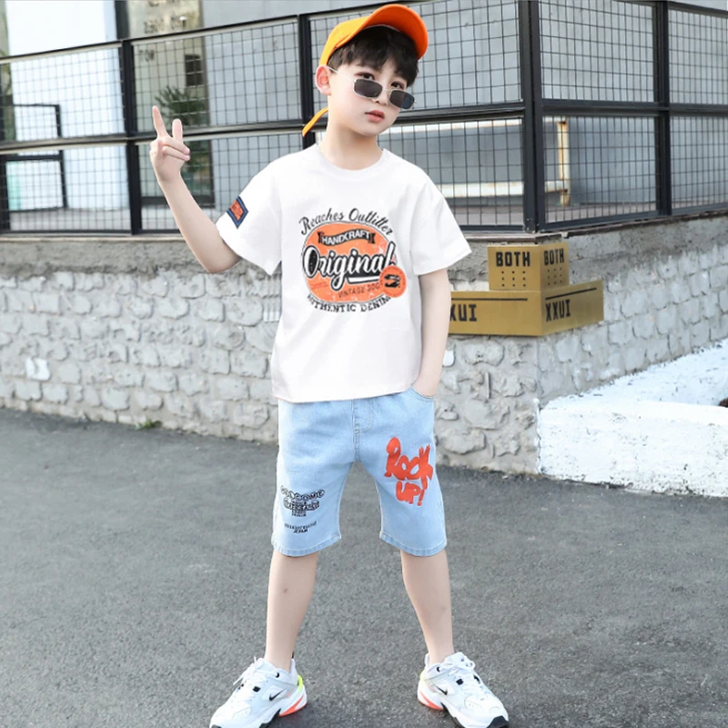 

Kids's wear boy clothes 2020 summer printed short-sleeved T-shirt tops denim shorts Sweatshirt suit 4-12 quality child clothing