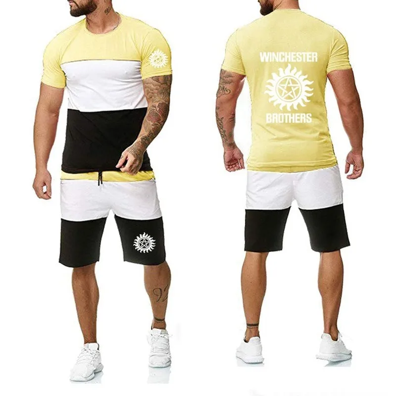 

2020 new Men's short sleeve Supernatural Winchester Bros Printed ashion Casual High Quality Men's T-Shirt Pants Suit 2Pcs E