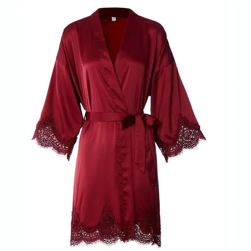 Satin silk Lace Trim Robe for women custom Bridal Wedding bathrobe Bride Bridesmaid kimono robe Sleepwear burgundy robe
