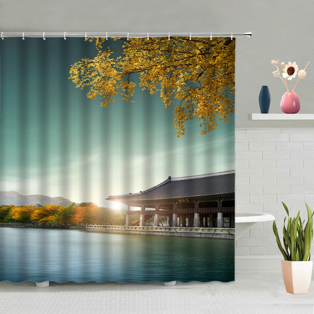 

Bathroom Accessories Classical Architecture Ginkgo Tree Background Picture Shower Curtain Waterproof Polyester Fabric With Hooks