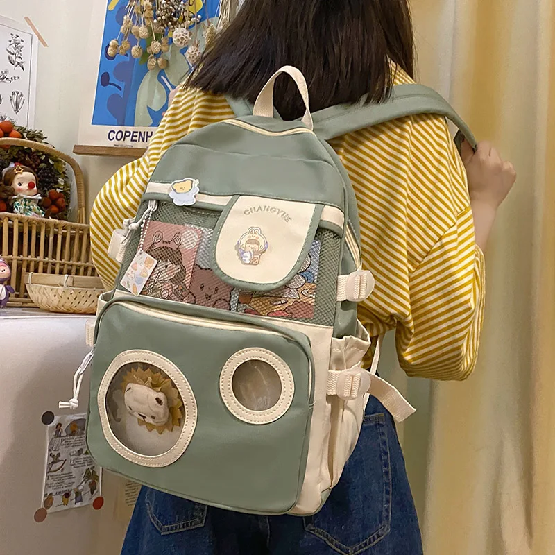

2021 New Cute Woman Nylon Backpack With Net Front Pocket Book Schoolbag For Teenage Girls Fashion Summer Student Bags Satchel