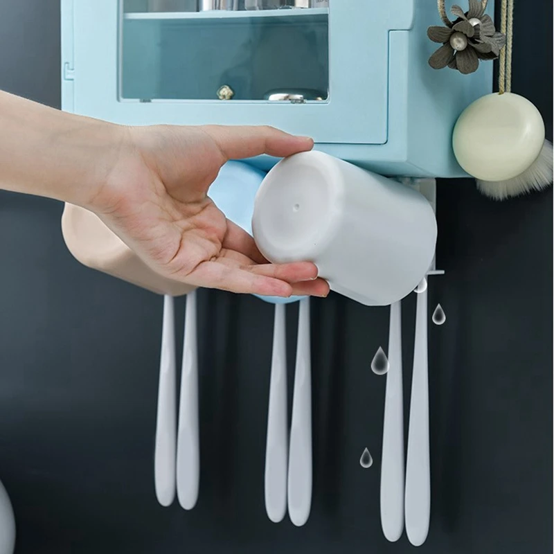 

AU -Wall-Mounted Toothbrush Holder Automatic Toothpaste Dispenser Double Storage Rack Cups Holder Bathroom Accessories