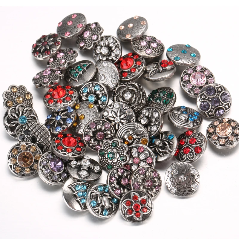 10pcs/lot Wholsale Snap Button Jewelry Rhinestone Metal Glass 12mm 18mm Flower Buttons Fit Leather Silver color Bracelet | Украшения и