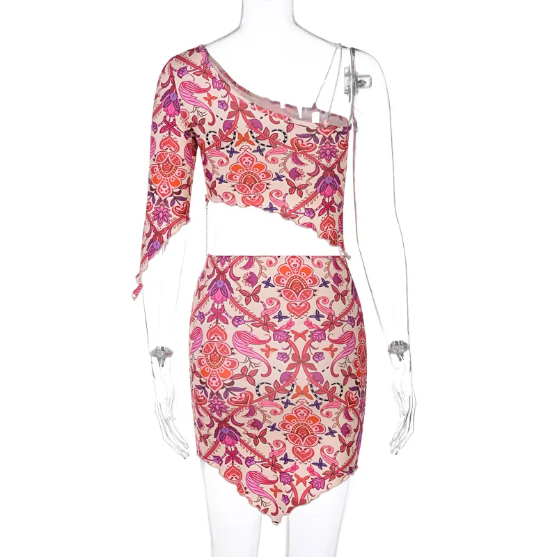 

Women Vintage Print 2 Piece Co-ord Suits Y2K Aesthetic One-Shoulder Crop Tops and High Waist Mini Skirts Matching Set Streetwear
