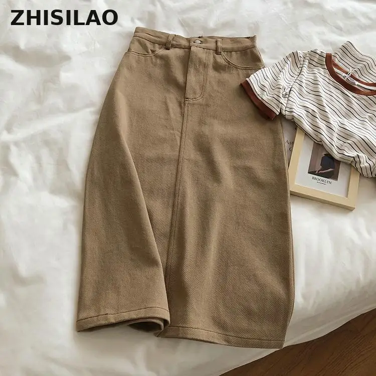 

ZHISILAO Khaki Long Denim Skirt Women Vintage Solid A-line High Waist Jeans Skirt Summer 2021 Straight Split Fork Jupe Femme
