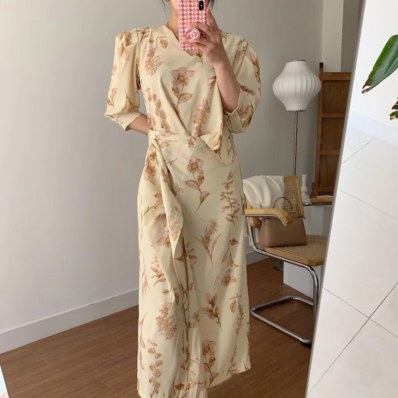 

2021 Korean Elegant V-Neck Women Floral Print Dress Lace Up Chiffon French Short Sleeve Female Retro One-Piece Dresses Vestidos