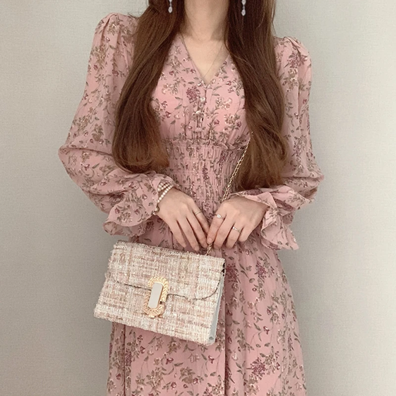 

ZAWAHIKI Korean Tender Elegant Women's Dress Summer V Neck Long Sleeve Elastic Waist Fresh Print Chiffon Vestidos Long Dress