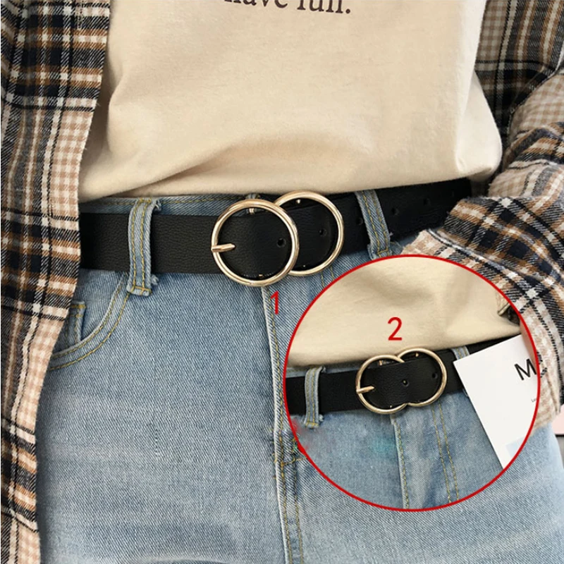 

CHELEGANT Women Belts Double Round Pin Buckle Jeans Wild Personality Fashion Belts Decoration Casual PU Belt Female 2020