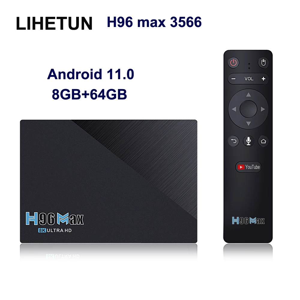 

8GB 64GB 4GB 32GB 2.4G 1000M LAN 5G Dual Wifi BT4.0 8K HDR Youtube Google Voice Remote Smart Android 11 TV Box H96 MAX RK3566
