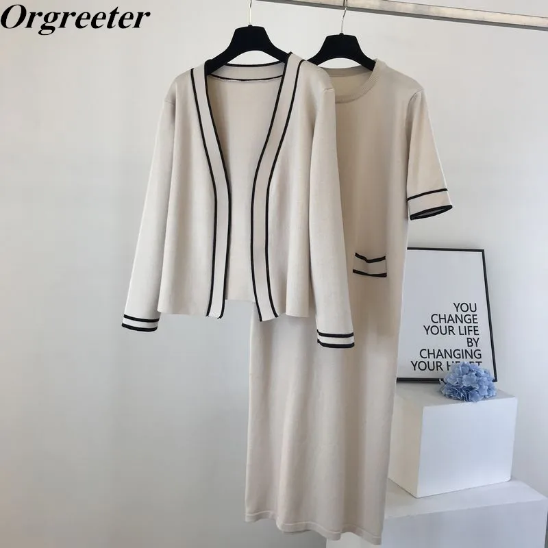 

Женский трикотажный комплект из 2 предметов, элегантное прямое платье с круглым вырезом и коротким рукавом и кардиган контрастных цветов на...