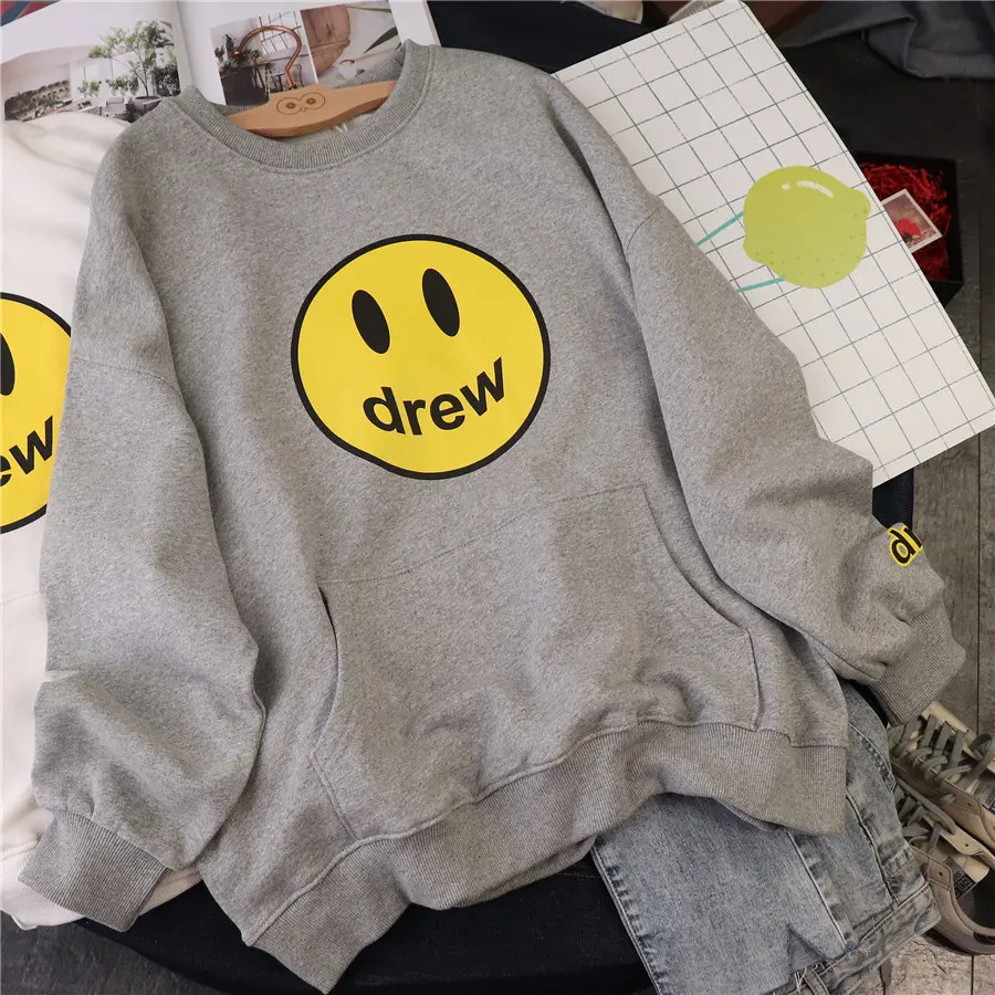 

Korean Style Letter Mouth Round Yellow Big Smiley Face Kangaroo Pocket SweatshirtTerry Large Size Round-Neck Shirt Women's