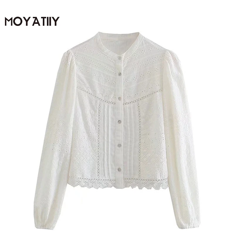 

MOYATIIY 2021 модная женская блузка с вышивкой с вырезами винтажная блузка с волнистыми складками с длинным рукавом Женские топы
