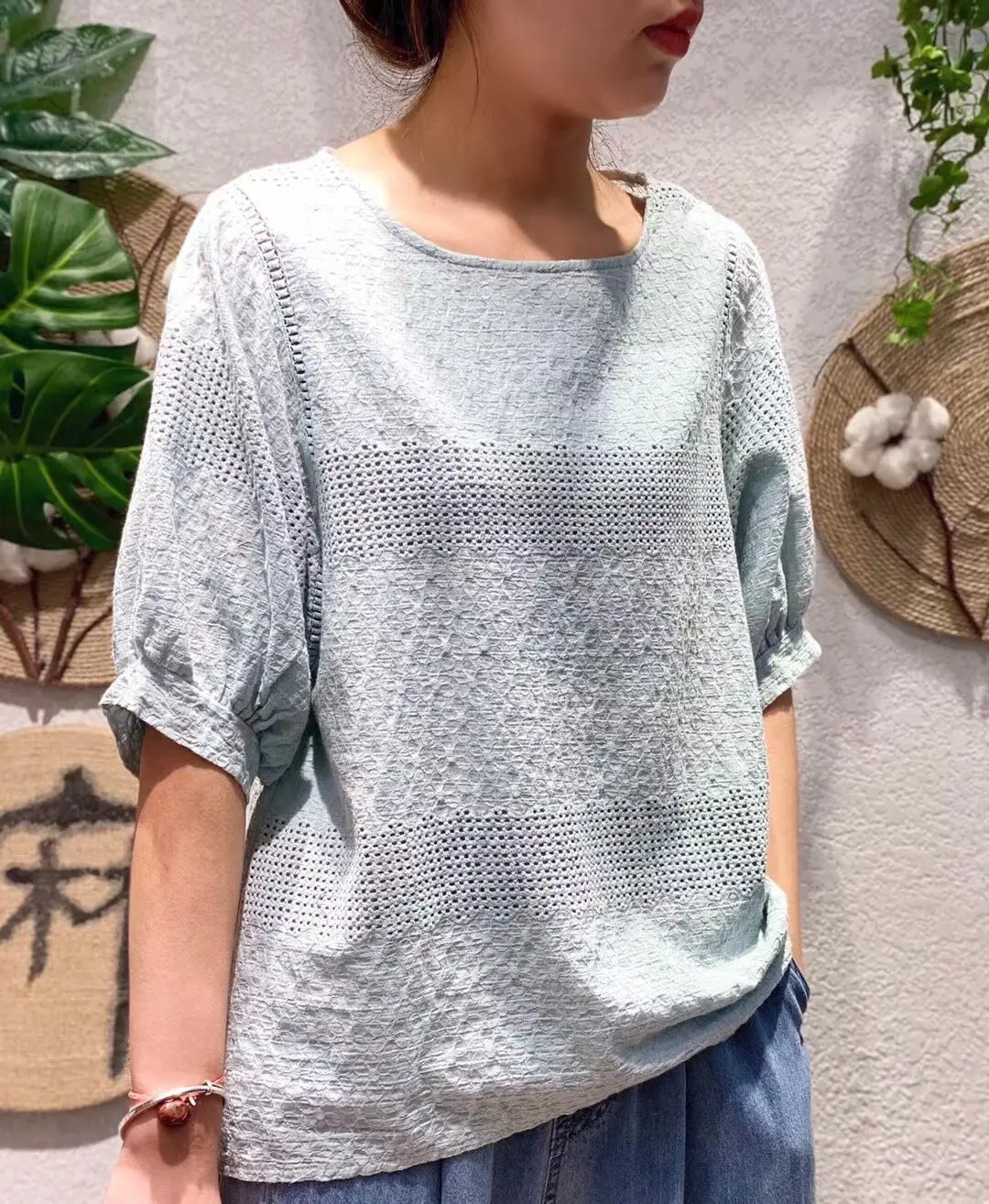 

New Summer Hollow embroidery Shirt Tops short sleeve Casual wear 1869