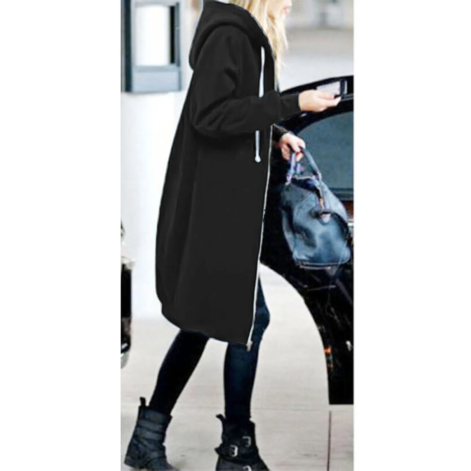 

2021 Autumn Casual Women Long Hoodies Sweatshirt Coat Zip Up Outerwears Hooded Jacket Winter Pockets Plus Size Outwear Tops