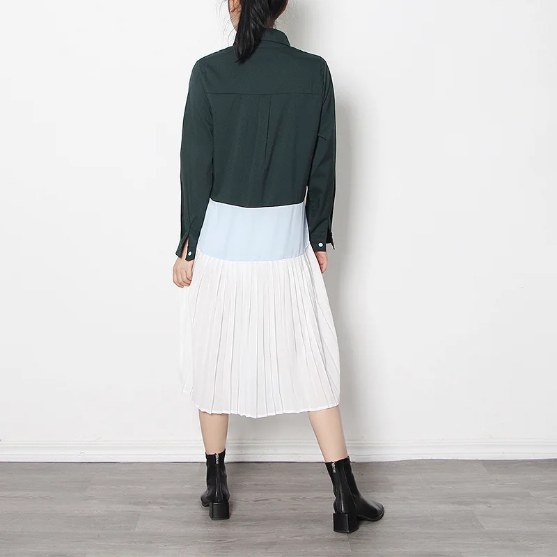 

Elegant fashion patchwork Dresses Women Button Down Ruffle Ladies pleated Dress