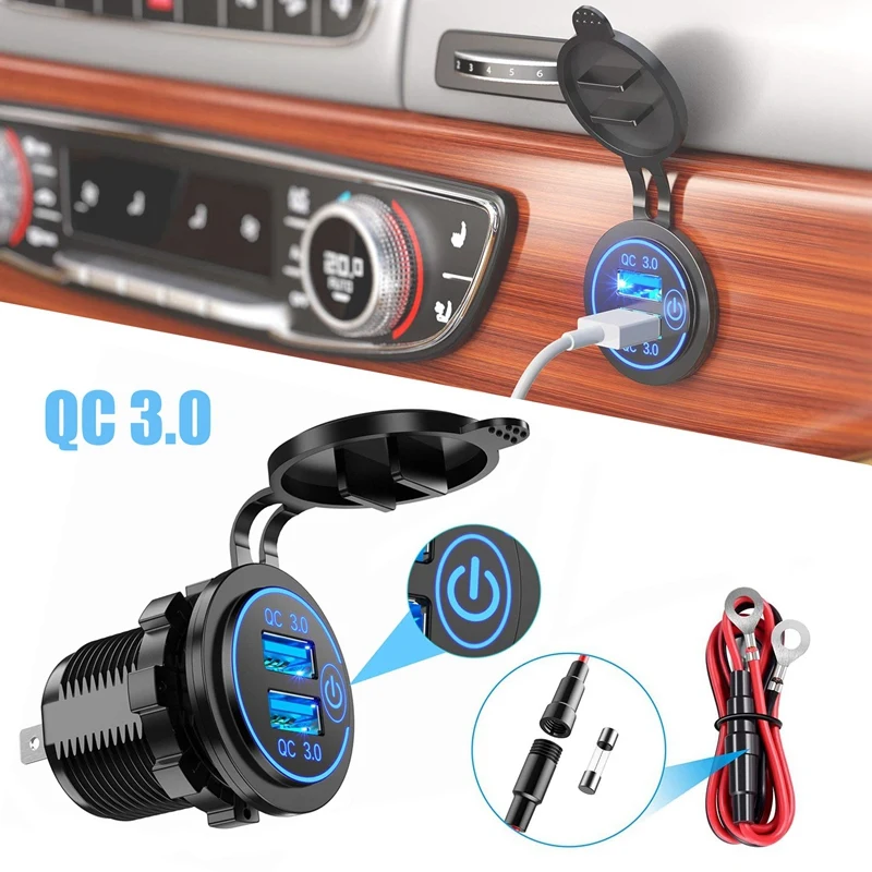

Quick Charge 3.0 Dual USB Car Charger 12V 36W USB Fast Charger with Switch for Boat Motorcycle Truck Golf Cart