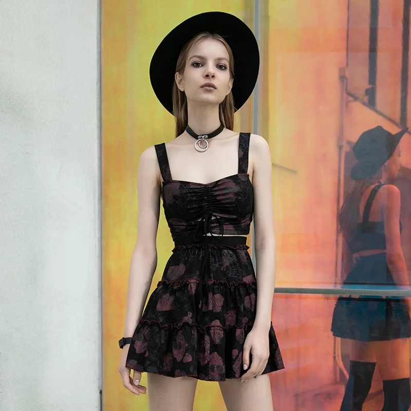 Женский укороченный топ в готическом стиле с принтом розы и черепа | Женская