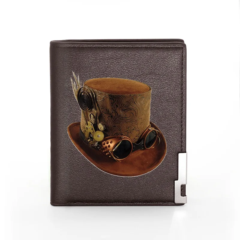 

Brown Antique Steampunk Hat Design Leather Wallet Classic Men Women Billfold Slim Credit Card/ID Holders Money Bag Short Purses
