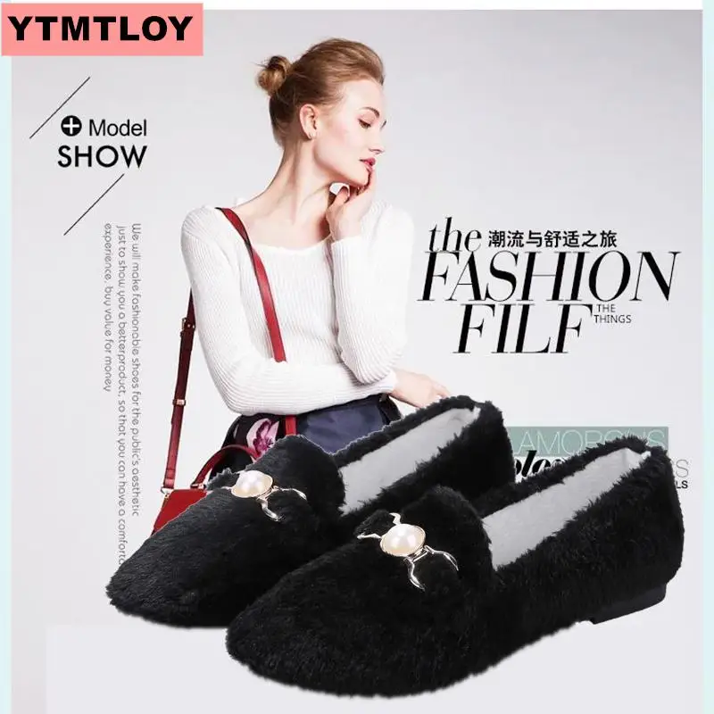 Женская обувь с жемчугом Lok Fu удобная плюшевая на плоской подошве Осень зима