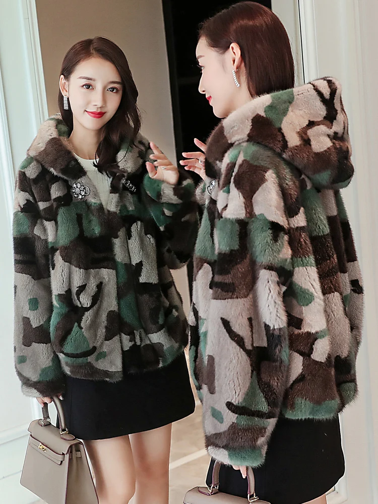 inverno новая полностью из норки шуба curto moda simples cinto de camuflagem verde do exerrcito das mulheres jaqueta com capuz de