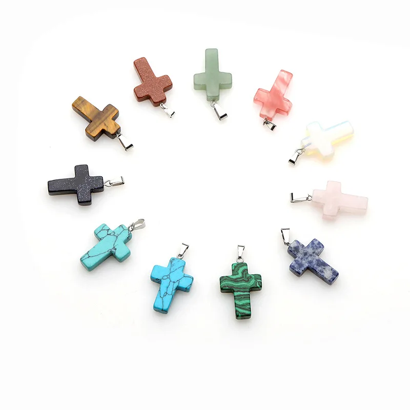 18x28mm Necklace Pendants Natural Semi-precious Stone 11 Colors For Your Choice Cross Shape Crystal Agate Rose Quartz | Украшения и