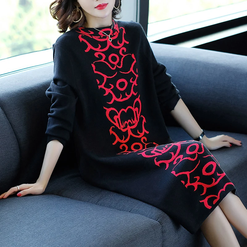 

New Autumn and Winter Women's Fashion Temperament High-neck Long-sleeved Printed Dress Women's Base Sweater Skirt