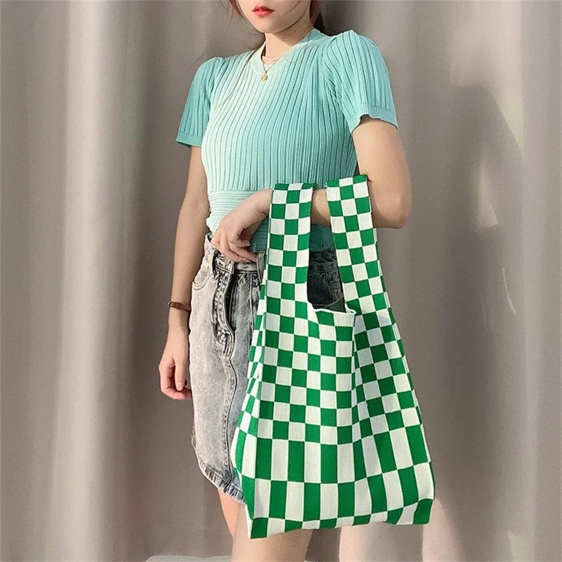 

Сумка-тоут женская вязаная клетчатая, клетчатая Сумочка на плечо, винтажный шикарный чемоданчик большой вместимости, повседневный кожаный ...