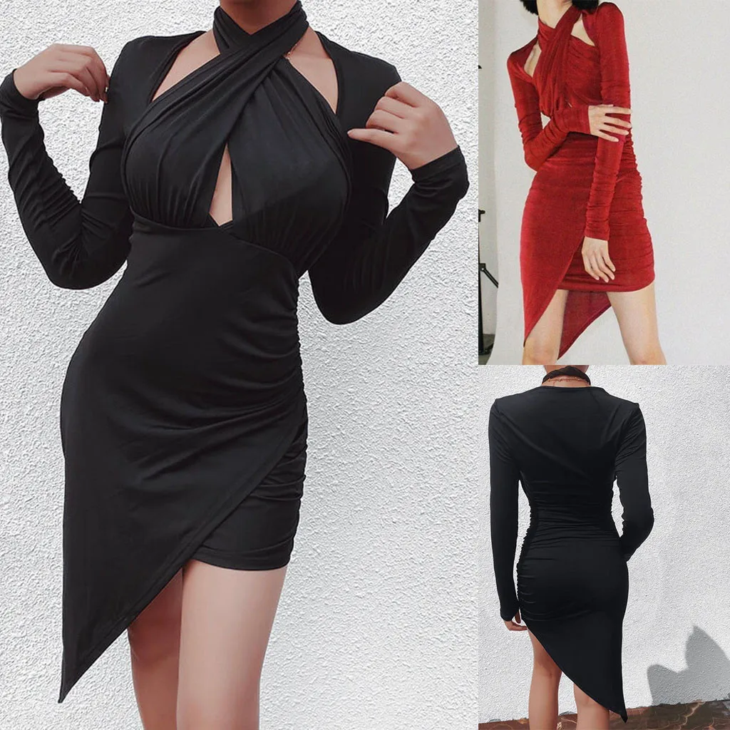 Женское модное однотонное облегающее мини платье с длинным рукавом и лямкой