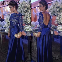 royal blue arabic evening dresses long sleeve backless evening dress floor length lace formal party dress for special occasion