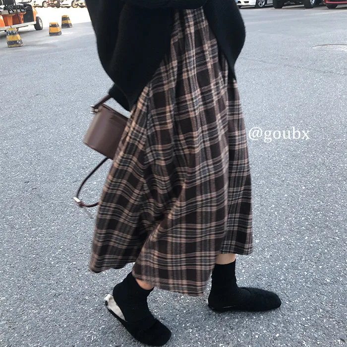 

Women's clothes spring and autumn fashion Korean style half-length plaid long skirt medieval skirt