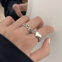 xiyanike silver color retro big love heart hollow ring female ins trend opening adjustable fashion jewelry couple gift